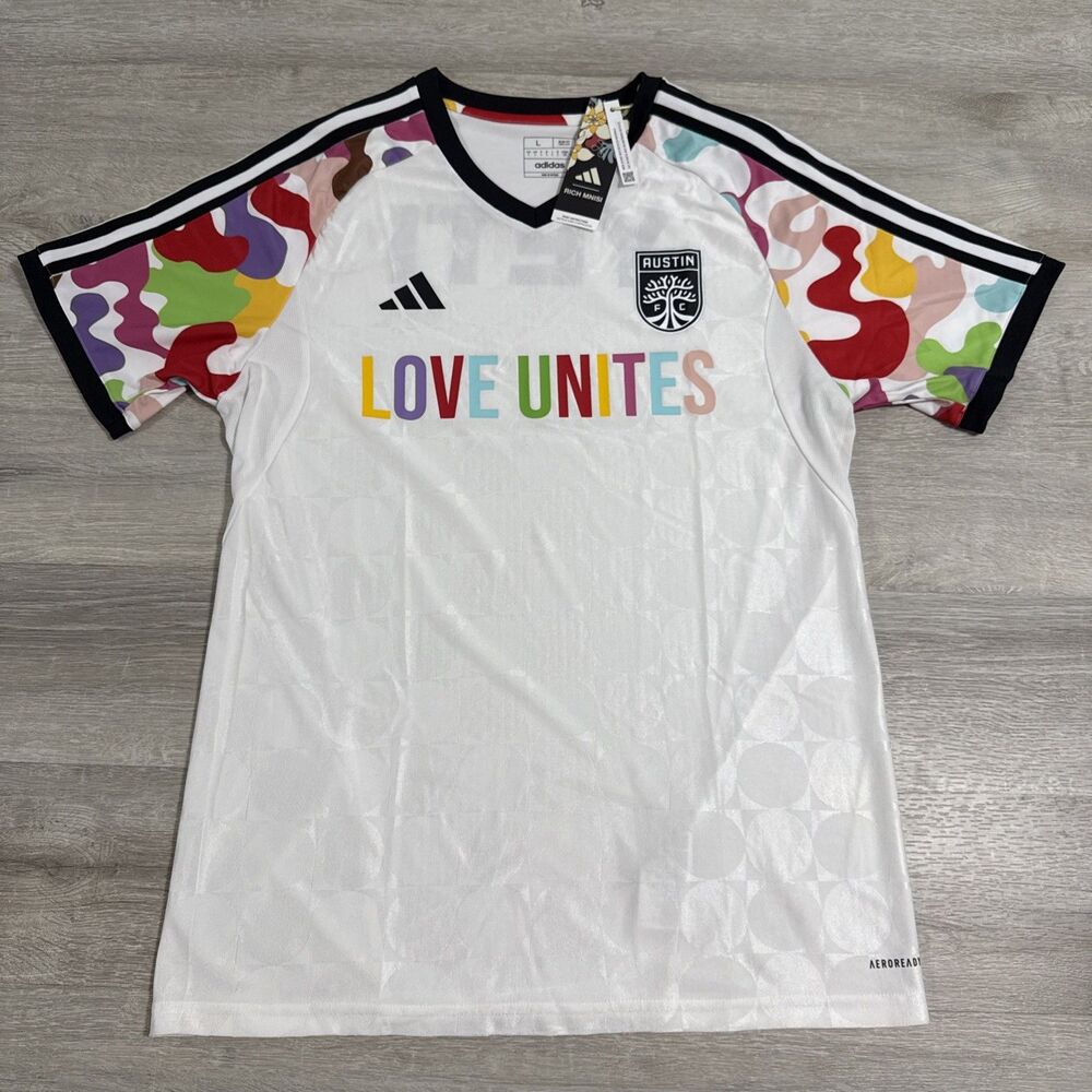 Austin FC Soccer Jersey adidas 2023 Pride Pre-Match Top Menโs White Large NWT